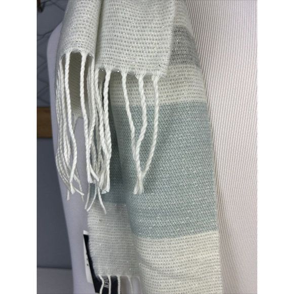 Steve Madden Muffler Scarf Lurex Striped Blue Grey Shimmer‎ Fringe Italy NWT - Picture 3 of 4